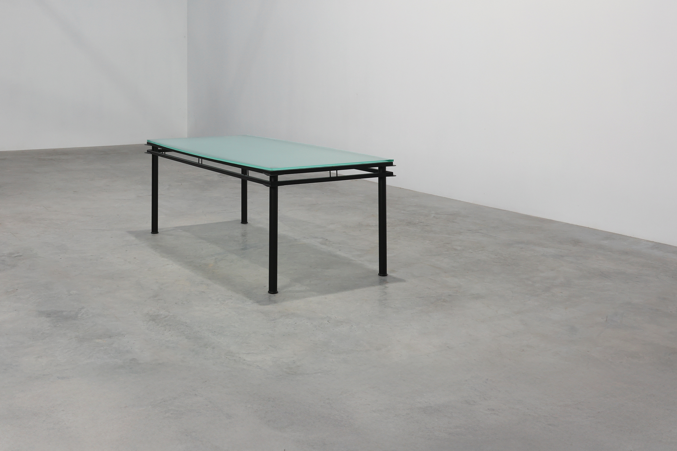 Modernist Dining Table with Black Metal Base and Glass Top, Belgium 1980sthumbnail